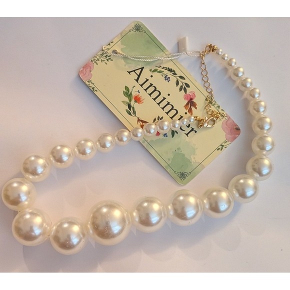 Aimimier Jewelry - Aimimier White Graduated Faux Pearl Necklace Gold Tone Adjustable Bridal Wedding